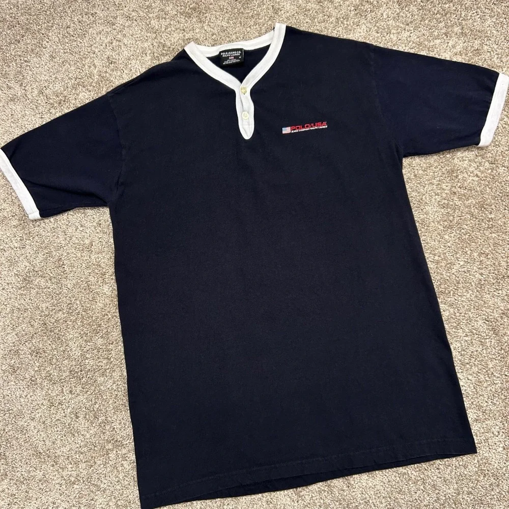 Vintage Polo Jeans Company Ralph Lauren Tshirt Men Size Medium Button Preppy - Picture 1 of 8